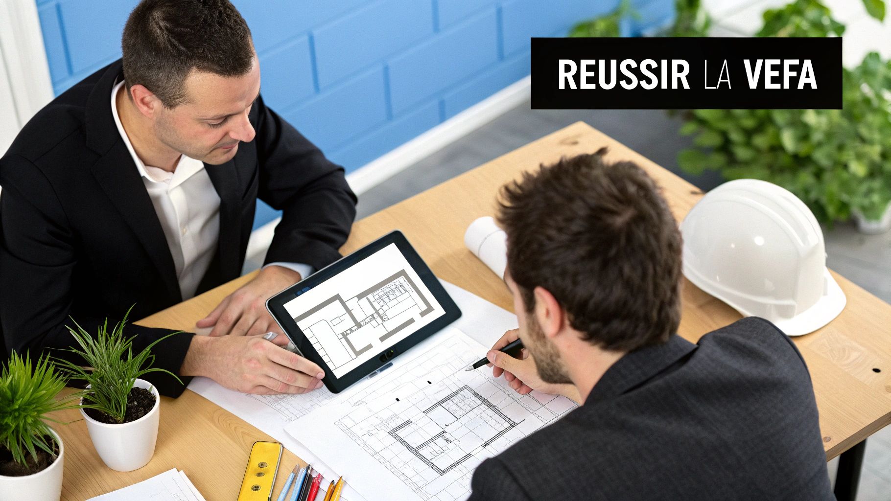 Deux hommes discutent de plans de construction et de vente en VEFA, l'un utilise une tablette, l'autre dessine.