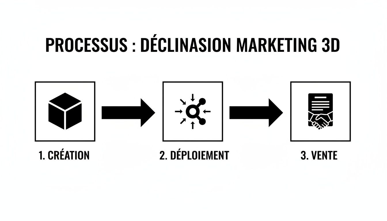 Processus marketing 3D en trois étapes clés: création, déploiement et vente, illustré par des icônes claires.