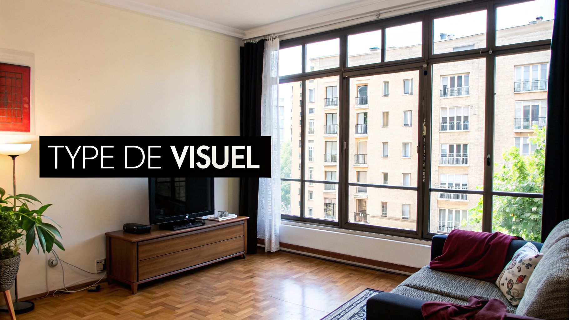 Salon moderne et lumineux avec grande fenêtre donnant sur des immeubles, parquet, TV et canapé.