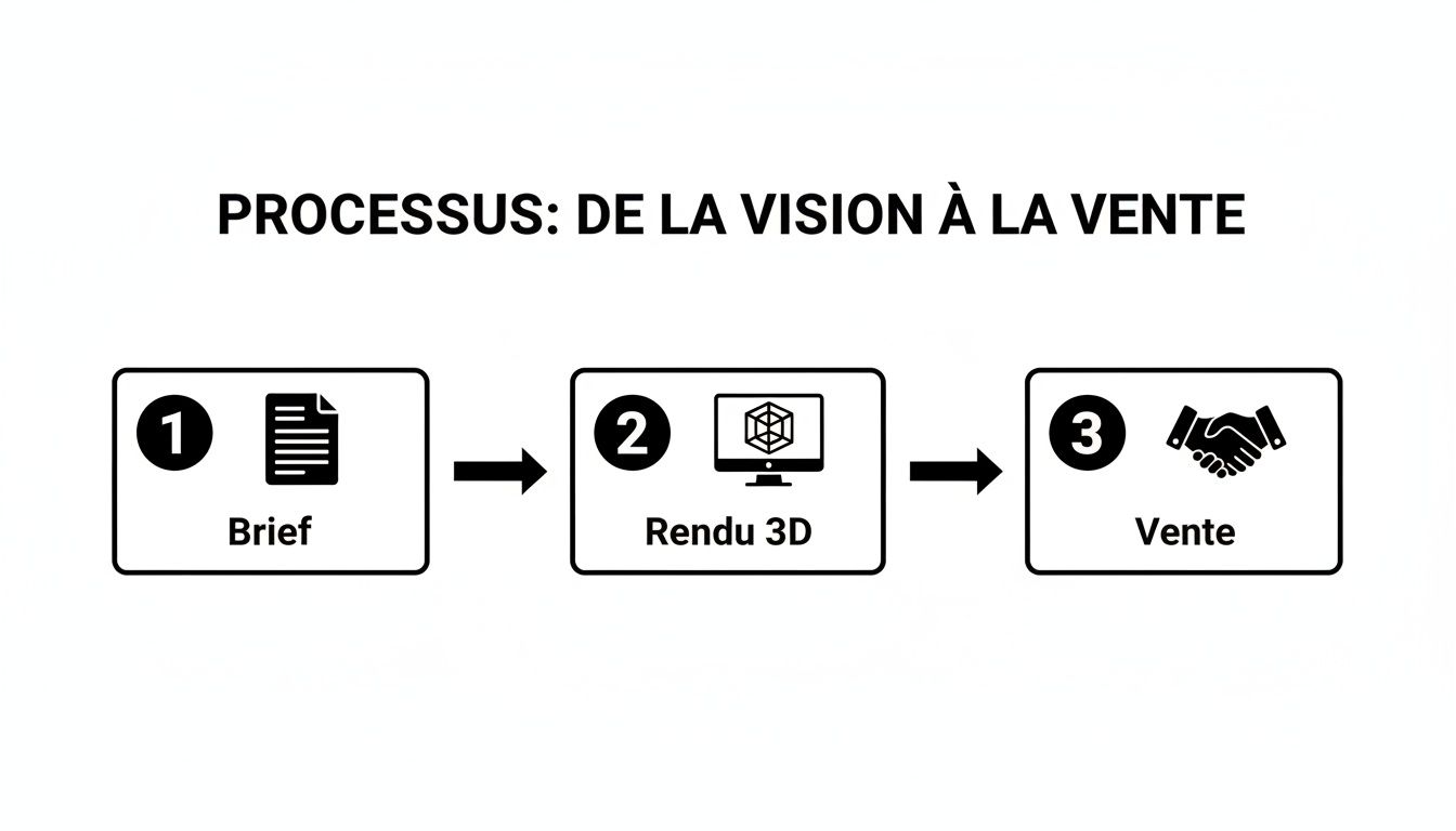 Schéma de processus en trois étapes: Brief, Rendu 3D, et Vente, illustrant le chemin de la vision à la concrétisation.