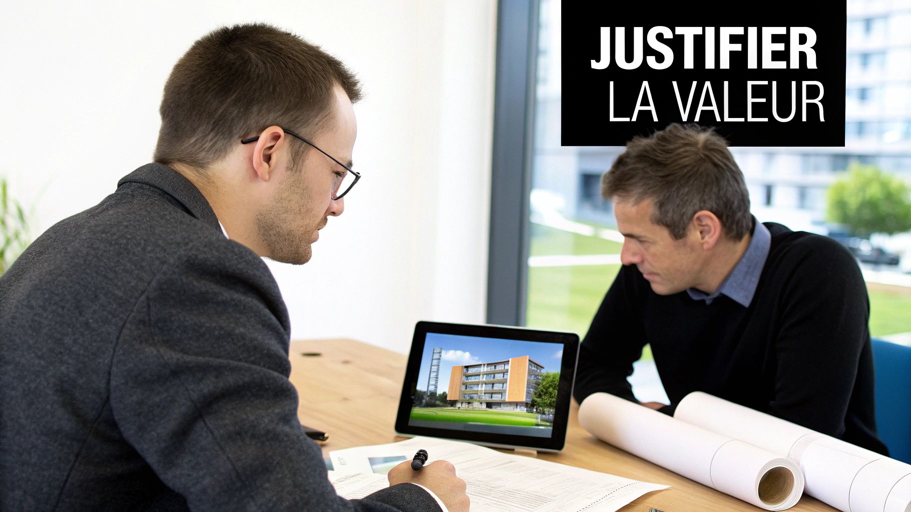 Deux hommes d'affaires discutent d'un projet immobilier en 3D sur une tablette et signent des documents.