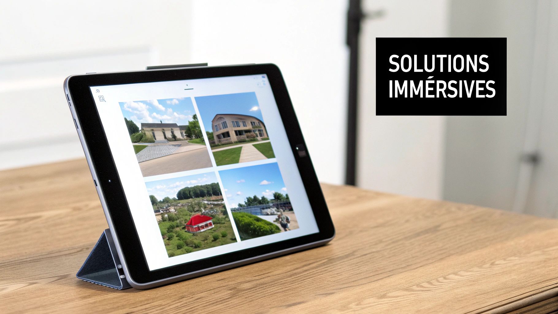 Une tablette sur une table en bois affichant quatre maisons et l'inscription « SOLUTIONS IMMERSIVES ».
