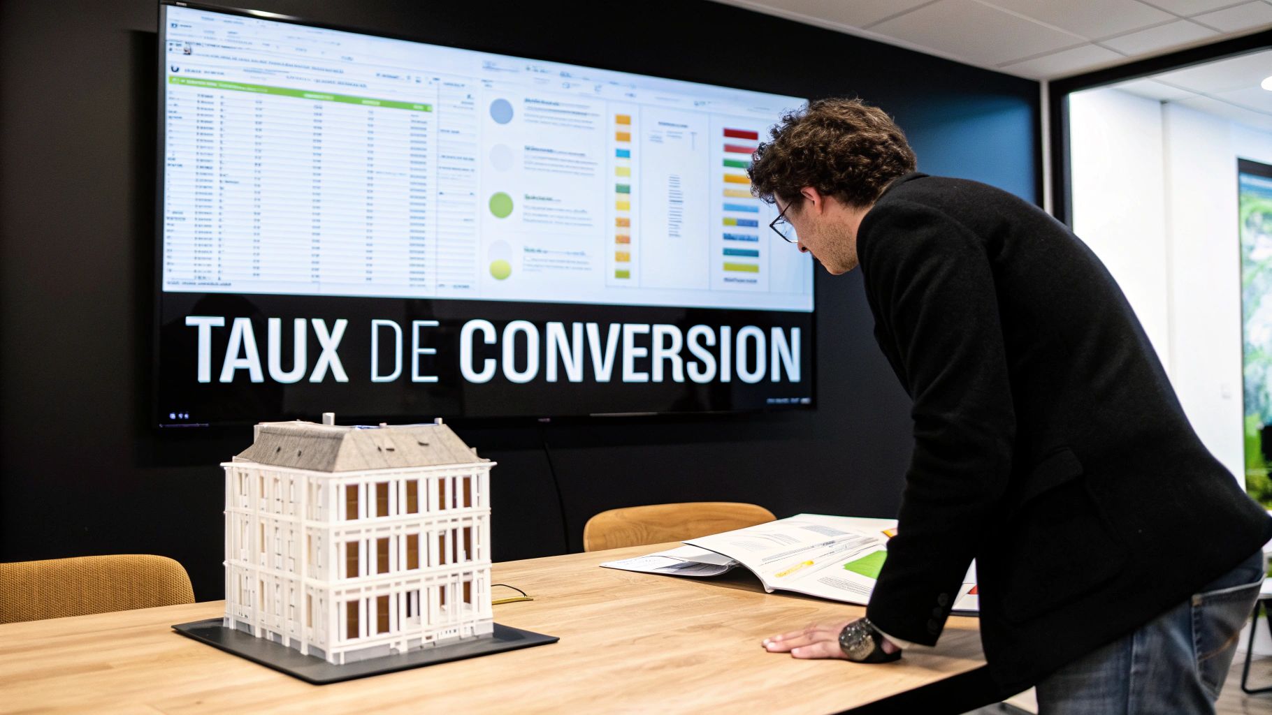 Un homme examine un grand écran affichant des données, graphiques de conversion et une maquette architecturale sur la table.