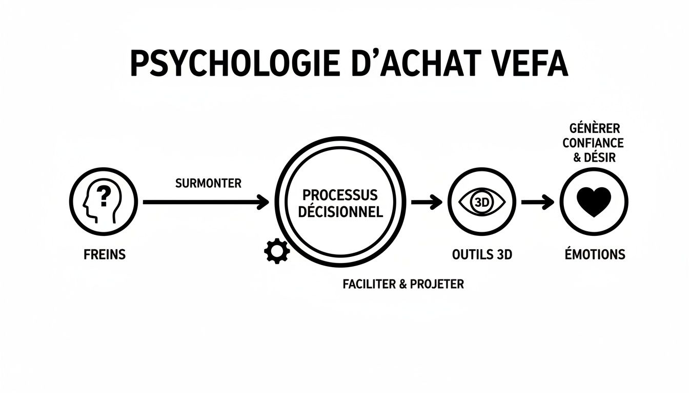 Diagramme illustrant la psychologie d'achat VEFA, montrant comment surmonter les freins pour arriver aux émotions et à la confiance.