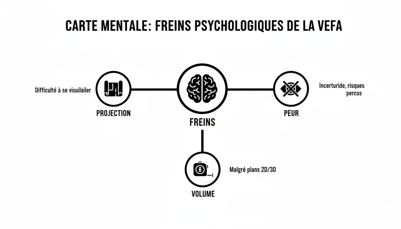Carte mentale illustrant les freins psychologiques à la VEFA: projection, peur et volume.