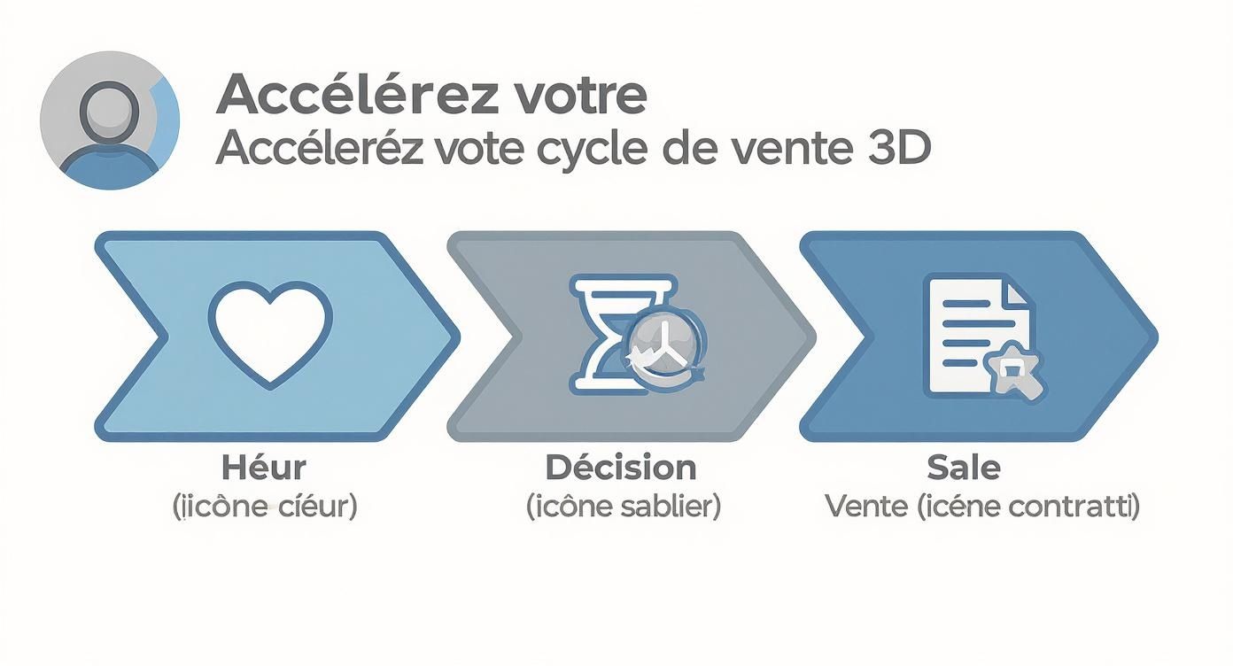 Infographie présentant les trois étapes d'un cycle de vente 3D: intérêt (cœur), décision (sablier) et vente (contrat).