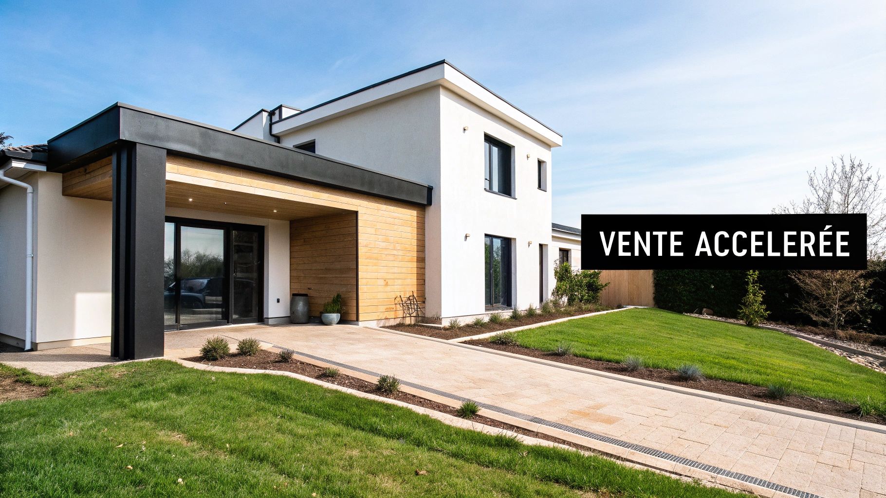 Une maison moderne blanche avec accents en bois, un jardin verdoyant et une allée pavée sous un ciel bleu clair, avec la mention 'VENTE ACCÉLÉRÉE'.