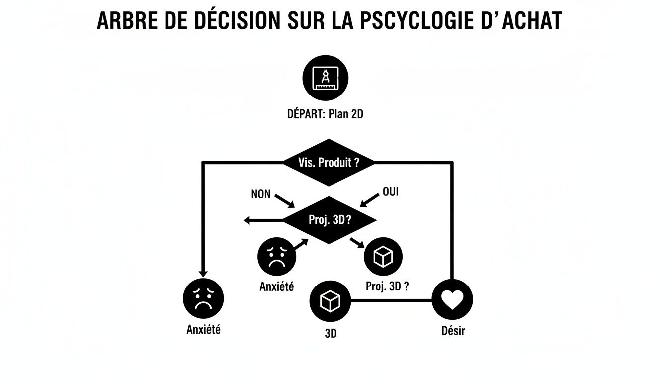 Arbre de décision sur la psychologie d'achat, illustrant le parcours de l'anxiété au désir avec visualisation 2D/3D.