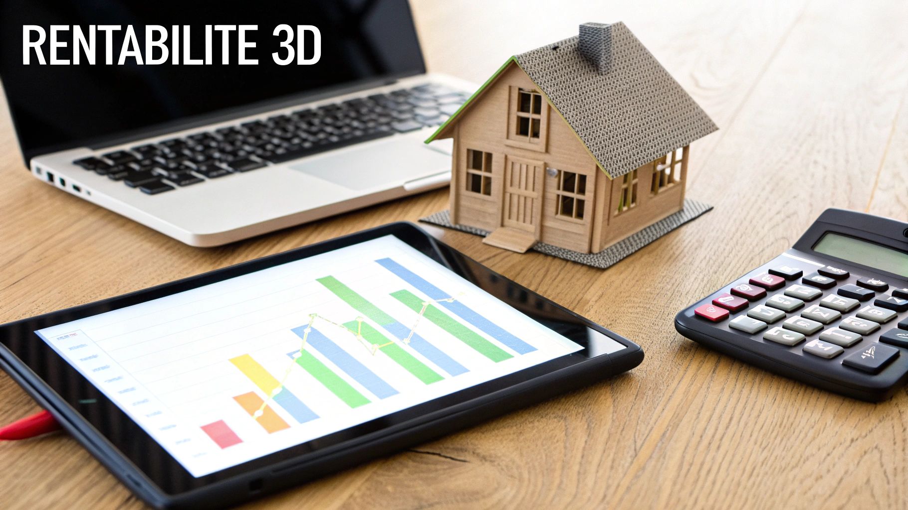 Une table en bois avec un ordinateur portable, une tablette affichant un graphique financier, une maison miniature et une calculatrice, illustrant la rentabilité 3D.
