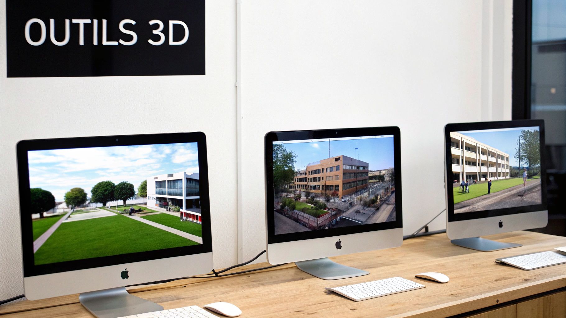 Trois ordinateurs iMac affichent des rendus 3D d'architectures modernes et d'espaces verts, sous une signalisation "OUTILS 3D".