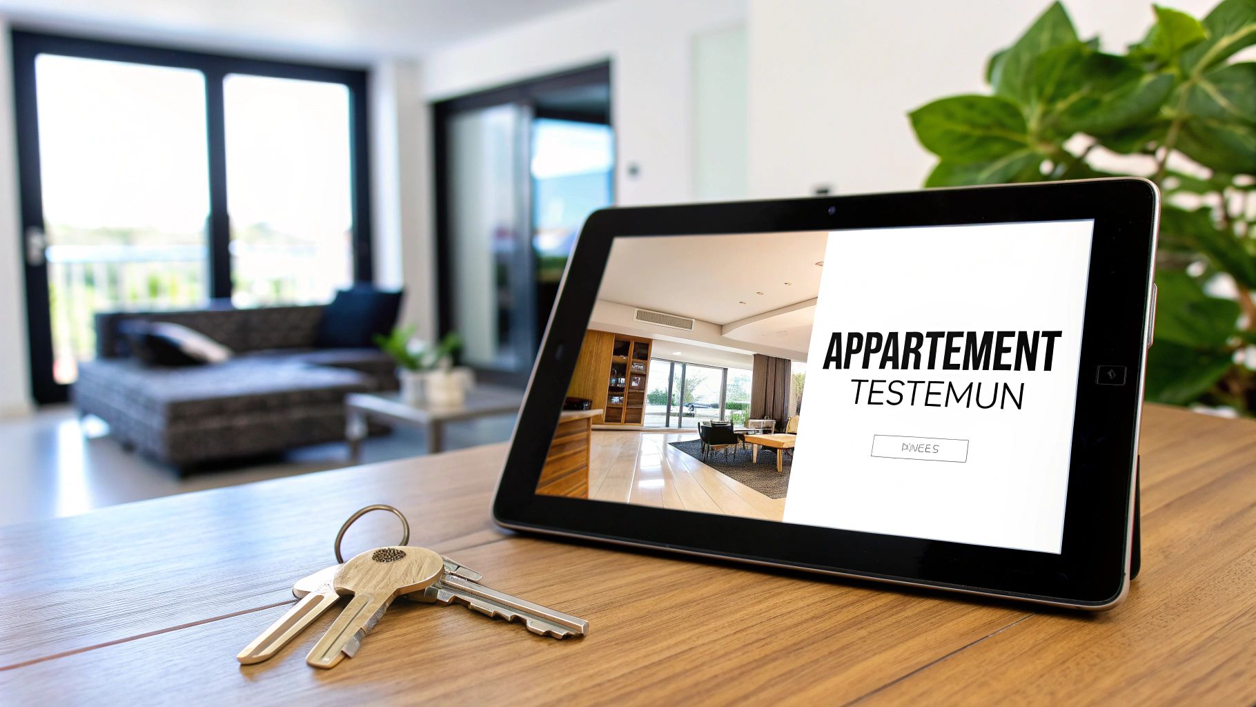 Tablette affichant une visite virtuelle en 3D d'un appartement moderne, avec des clés de maison sur une table en bois.