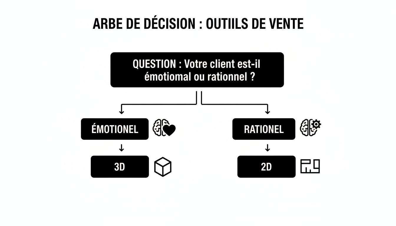 Arbre de décision pour choisir les outils de vente selon si le client est émotionnel ou rationnel, menant à 3D ou 2D.