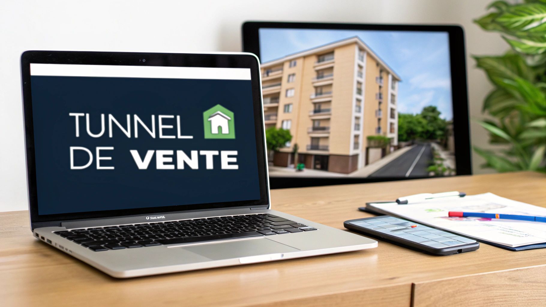 Écran d'ordinateur affichant tunnel de vente immobilier avec immeuble résidentiel en arrière-plan sur bureau