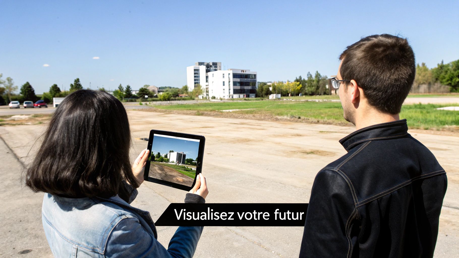 Une femme visualise un bâtiment futur sur une tablette, debout à côté d'un homme regardant un terrain vide.