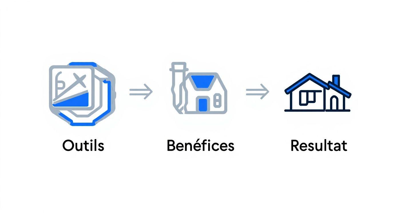 Infographie illustrant un processus : des outils numériques aux bénéfices pour un projet immobilier final.