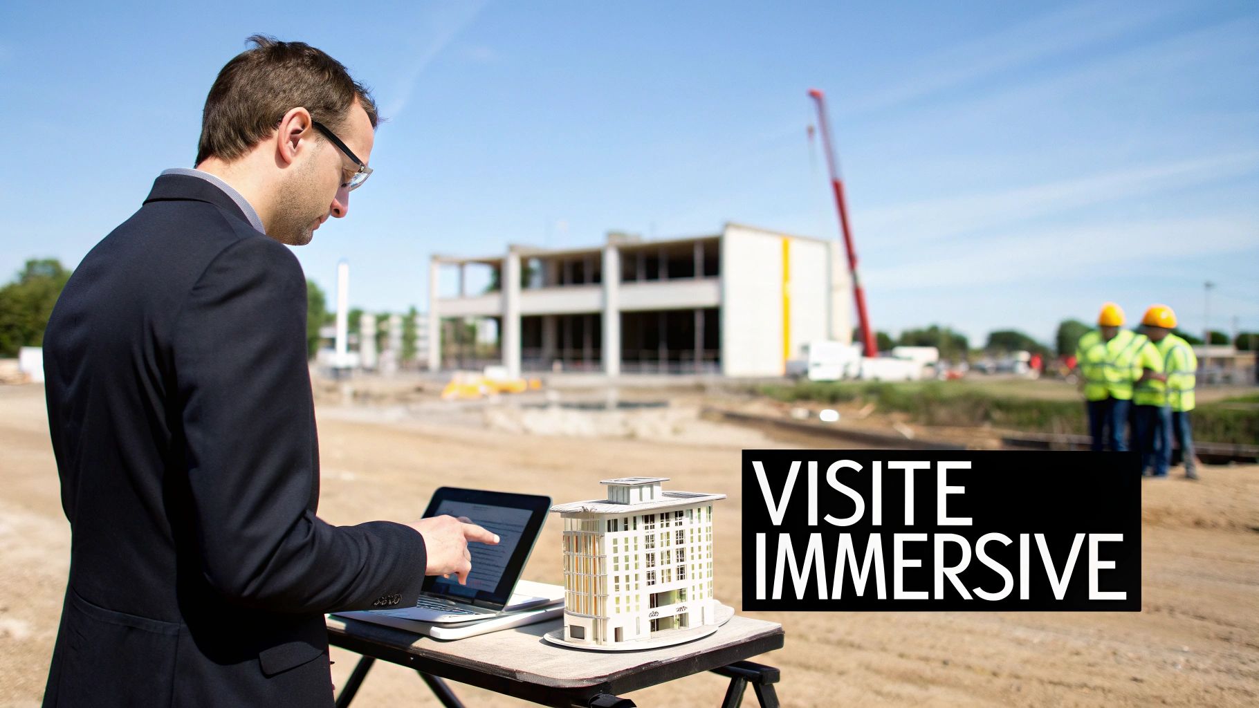 Un homme d'affaires consulte un ordinateur portable et une maquette de bâtiment sur un chantier, avec la mention 'VISITE IMMERSIVE'.
