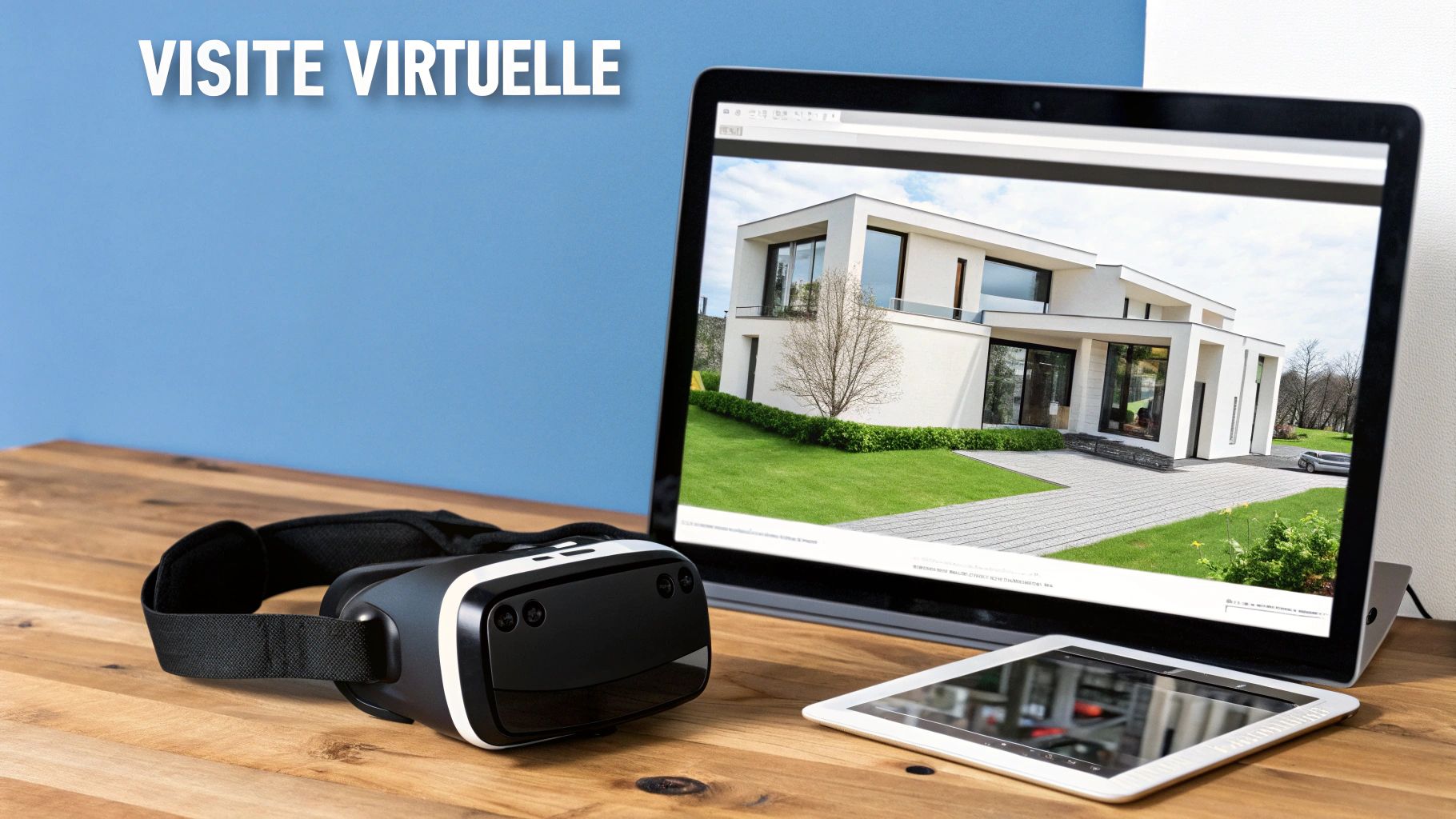 Un casque de réalité virtuelle, un ordinateur portable affichant une maison moderne, et une tablette sur un bureau en bois pour une visite virtuelle.