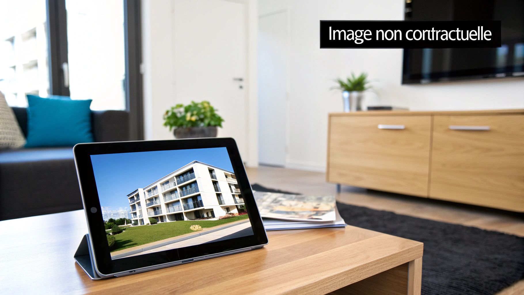 Salon moderne avec une tablette présentant un immeuble d'appartements neuf, soulignant l'aspect non contractuel de l'image.