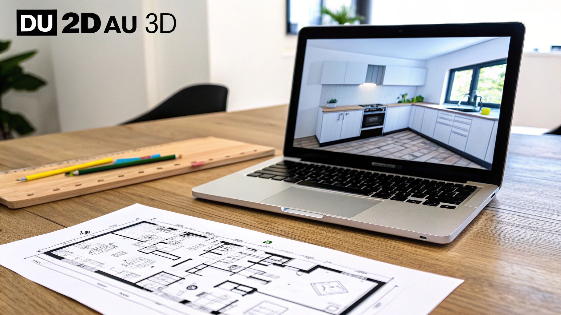 Ordinateur portable affichant une cuisine 3D, plan 2D, crayons sur bureau en bois, symbolisant la transition du 2D au 3D.