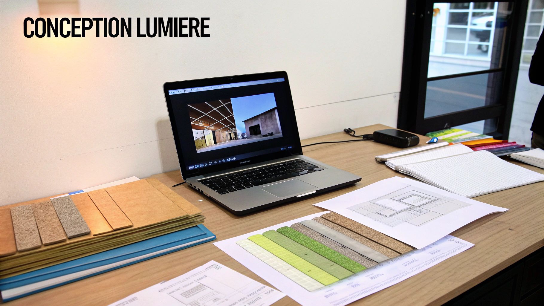 Bureau de travail avec ordinateur portable affichant des conceptions architecturales, échantillons de matériaux et plans. Le texte "Conception Lumière" est visible sur le mur.