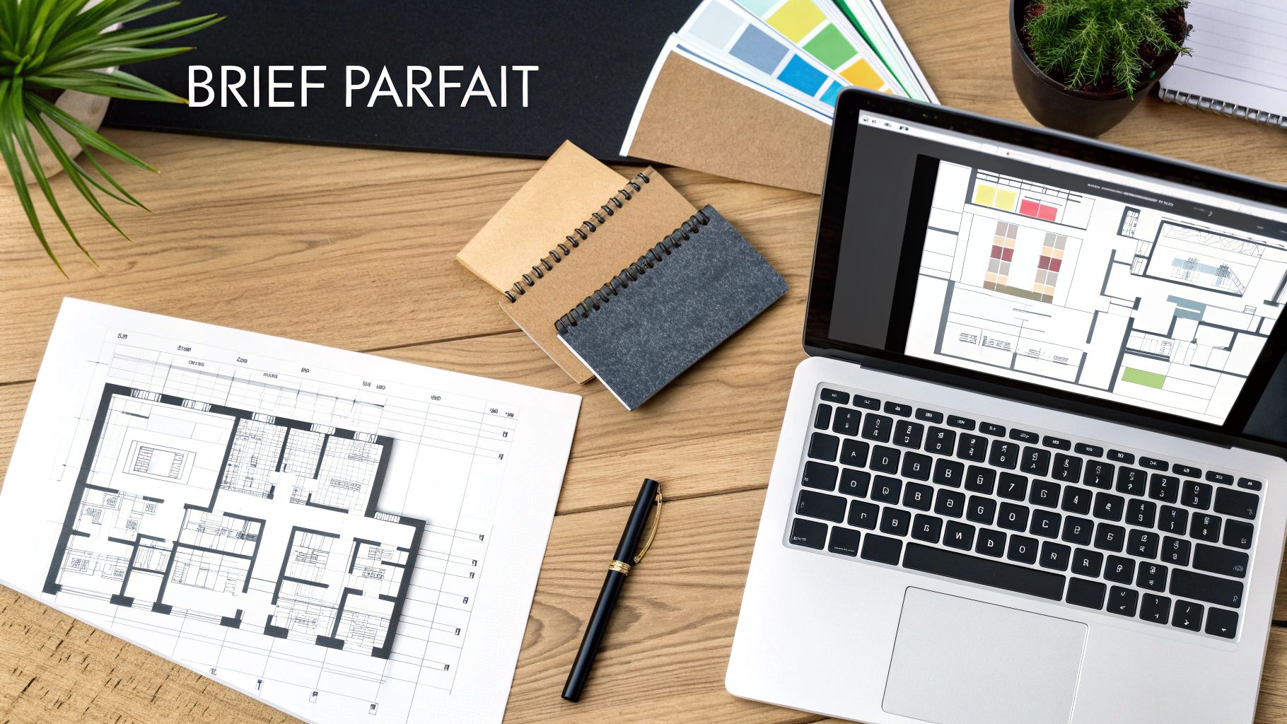 Bureau d'architecte avec plans sur papier et écran d'ordinateur, carnets et fournitures sur table en bois.
