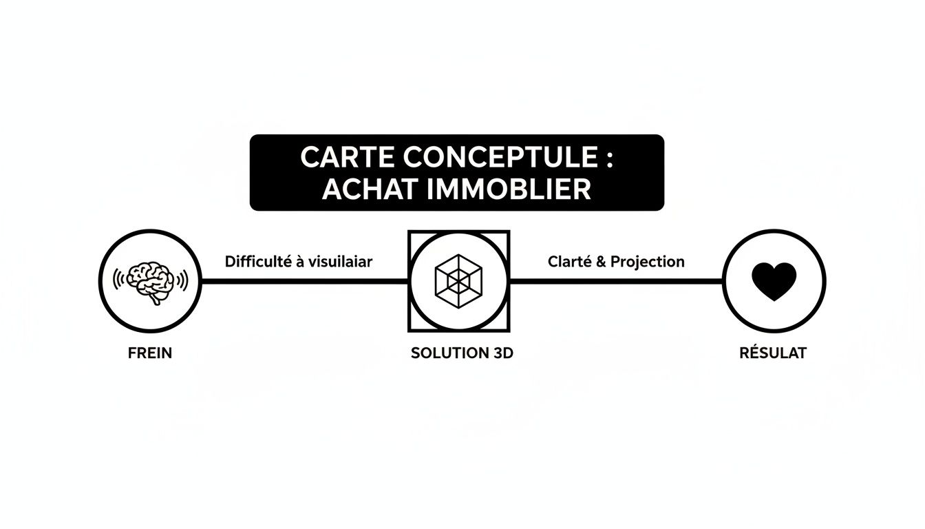 Carte conceptuelle illustrant le processus d'achat immobilier : frein (difficulté à visualiser), solution 3D, clarté et projection, menant au résultat.