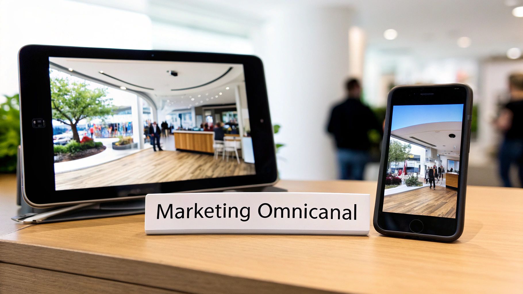 Une tablette et un smartphone sur un bureau en bois affichent l'intérieur d'un magasin moderne. Un panneau indique 'Marketing Omnicanal'.