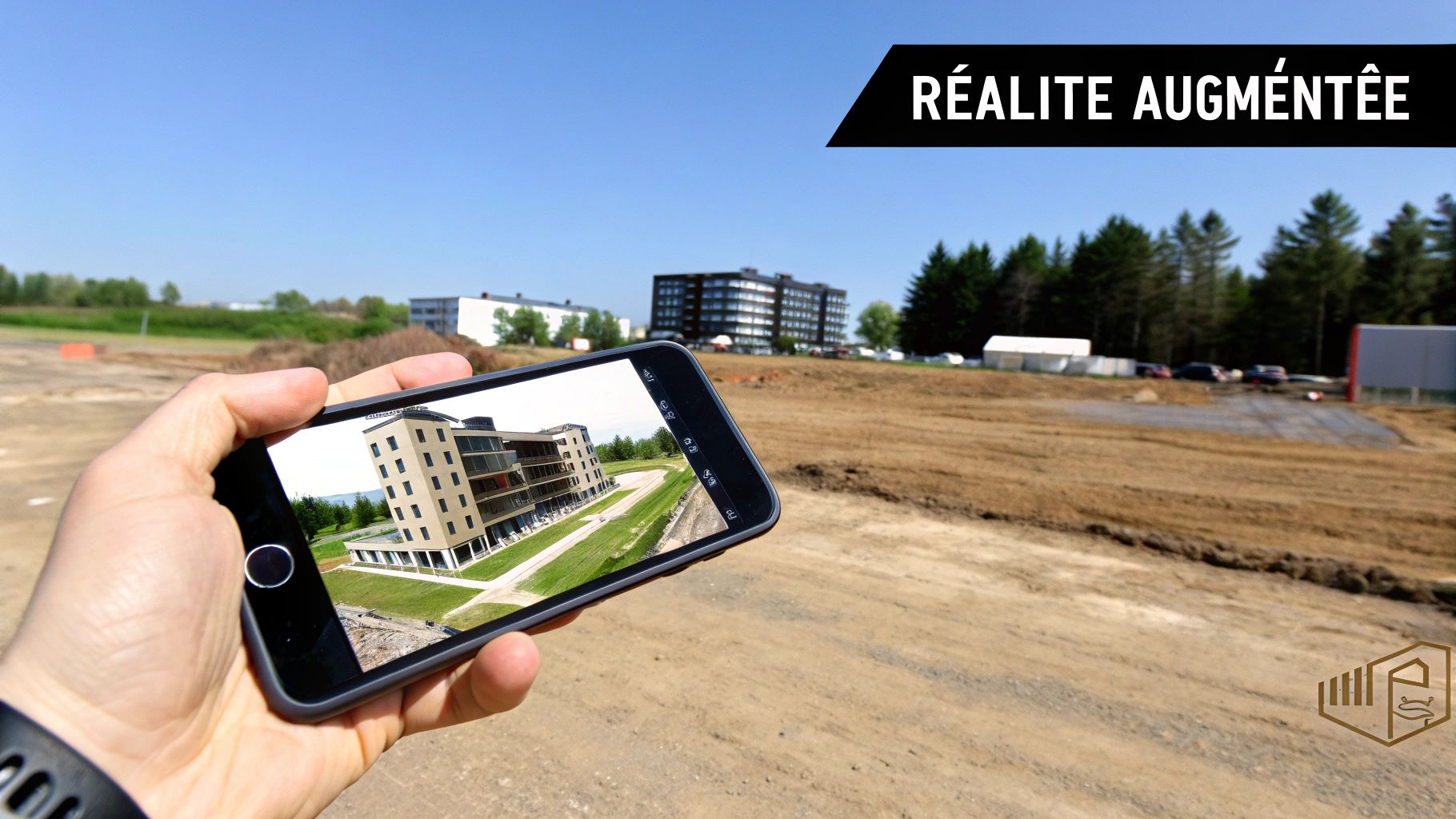 Main tenant un smartphone affichant un bâtiment en réalité augmentée sur un site de construction vide et ensoleillé.