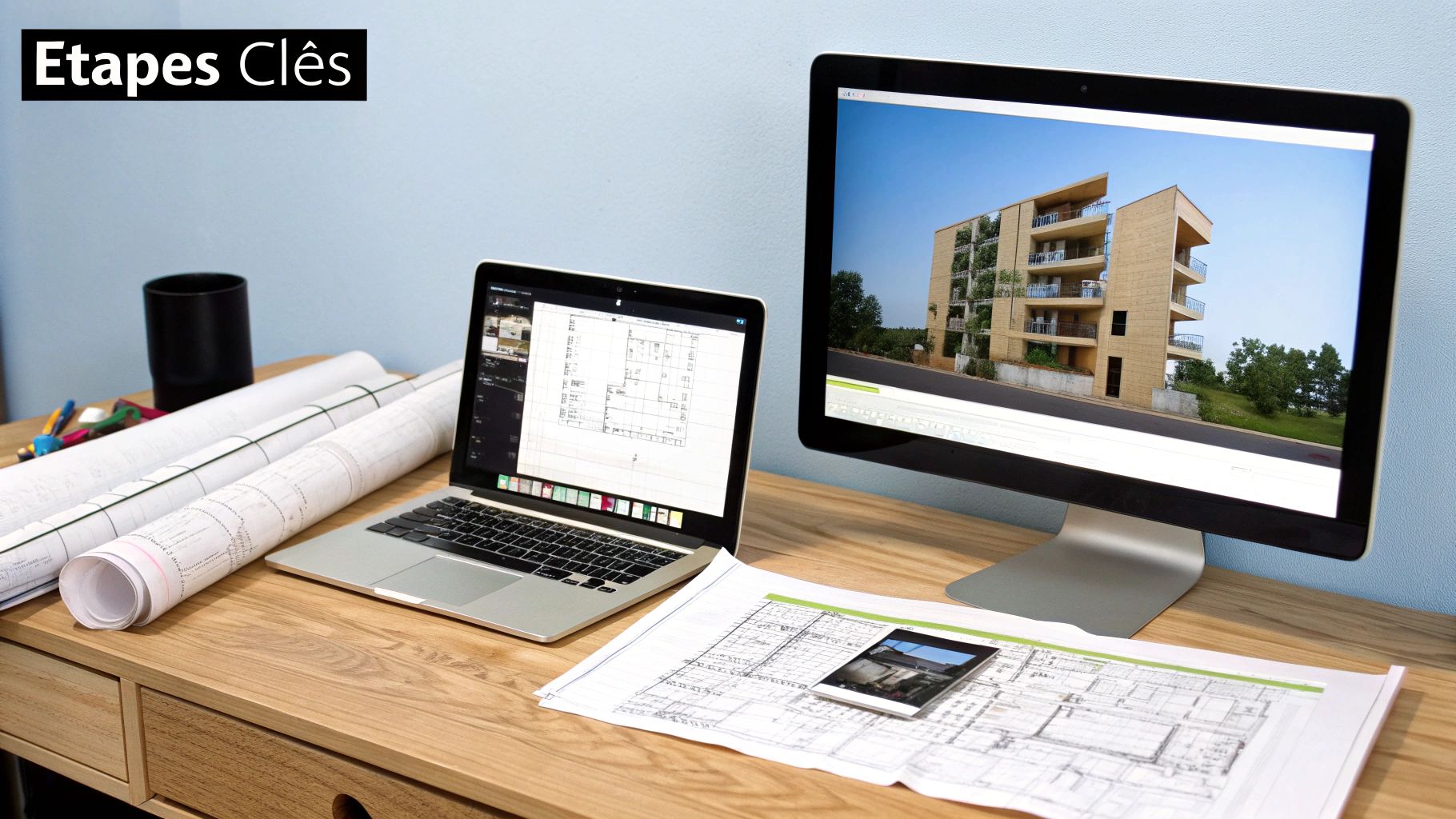Bureau d'architecte avec ordinateur portable, écran affichant un rendu 3D de bâtiment, plans et smartphone.