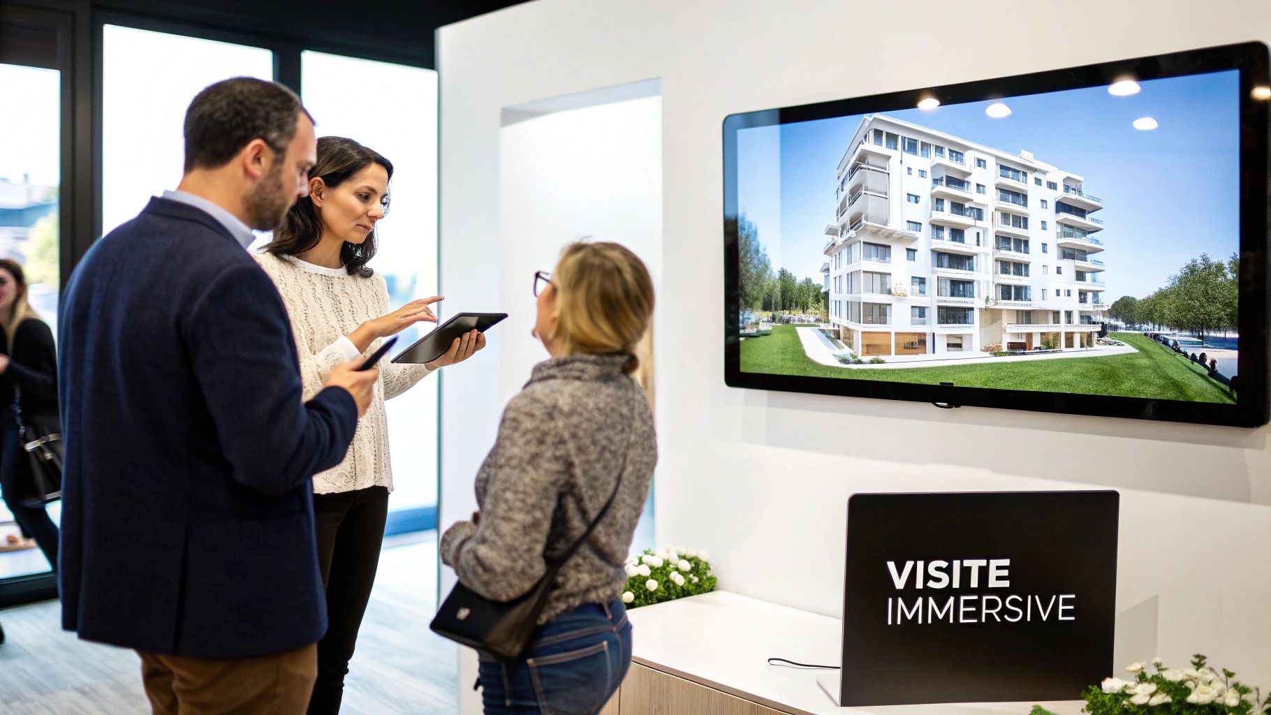 Des personnes consultent une tablette et un grand écran montrant un immeuble résidentiel pour une visite immersive.