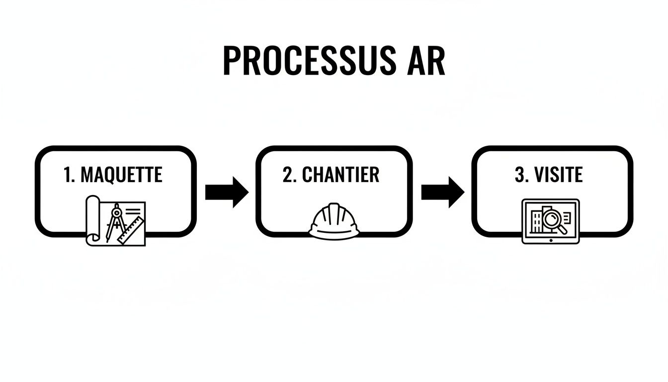 Infographie illustrant le processus de la réalité augmentée (AR) en trois étapes : maquette, chantier et visite, avec icônes associées.