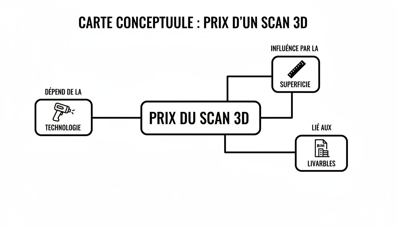 Carte conceptuelle montrant les facteurs influençant le prix d'un scan 3D : technologie, surface et livrables.