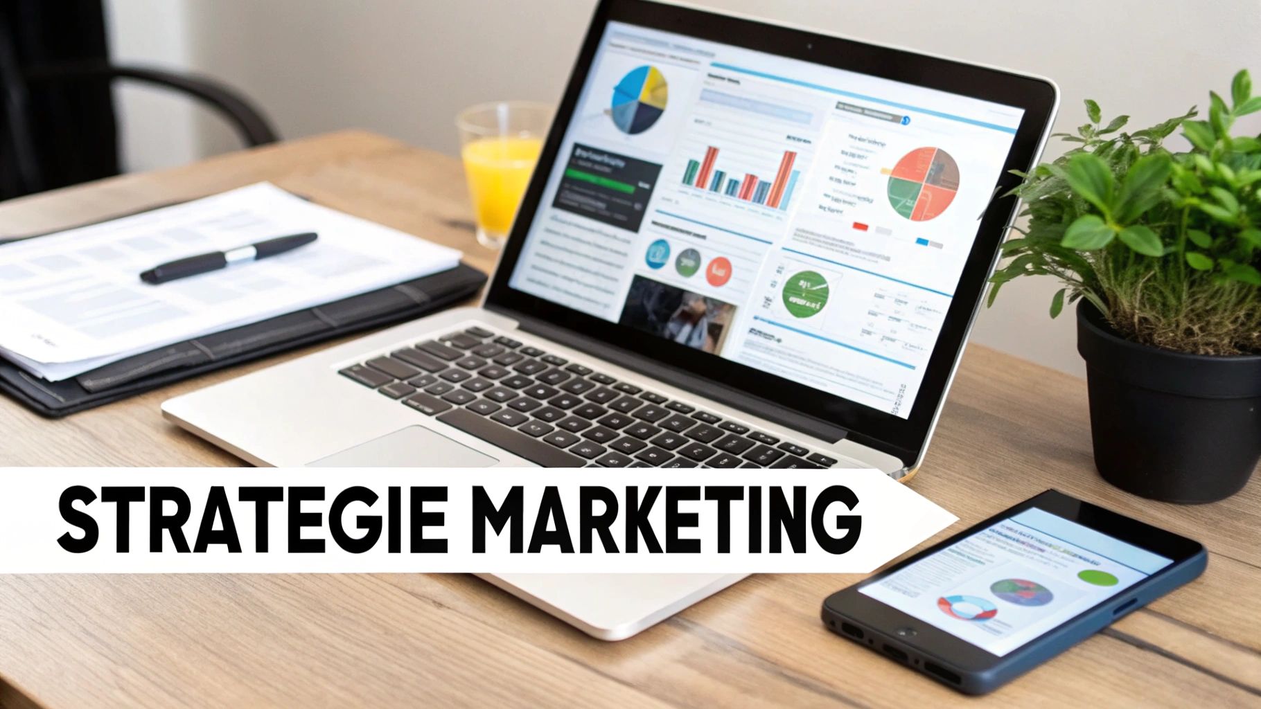 Ordinateur portable, smartphone, documents et plante sur un bureau en bois avec le texte 'STRATEGIE MARKETING'.
