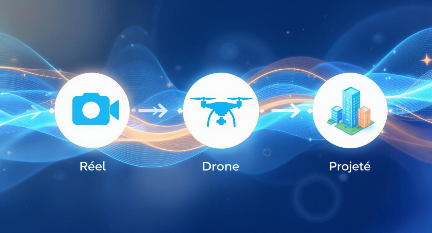 Schéma montrant la capture du réel par caméra, le traitement par drone, et la projection en modèle 3D de bâtiments.
