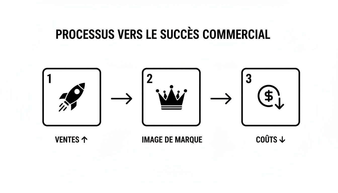 Infographie illustrant le processus vers le succès commercial : augmenter les ventes, construire l'image de marque et réduire les coûts.