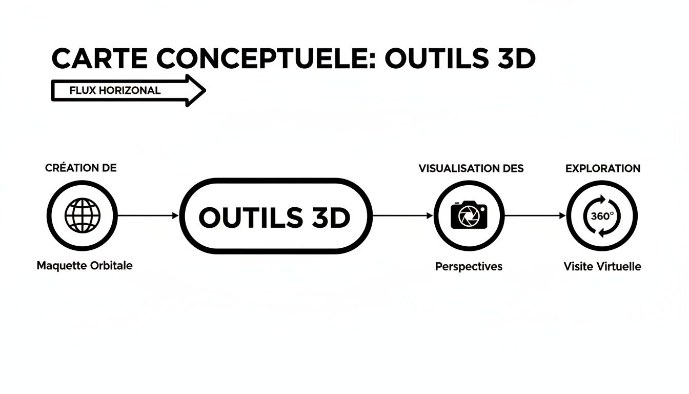 Carte conceptuelle présentant le flux horizontal des outils 3D pour la création, la visualisation et l'exploration de maquettes.