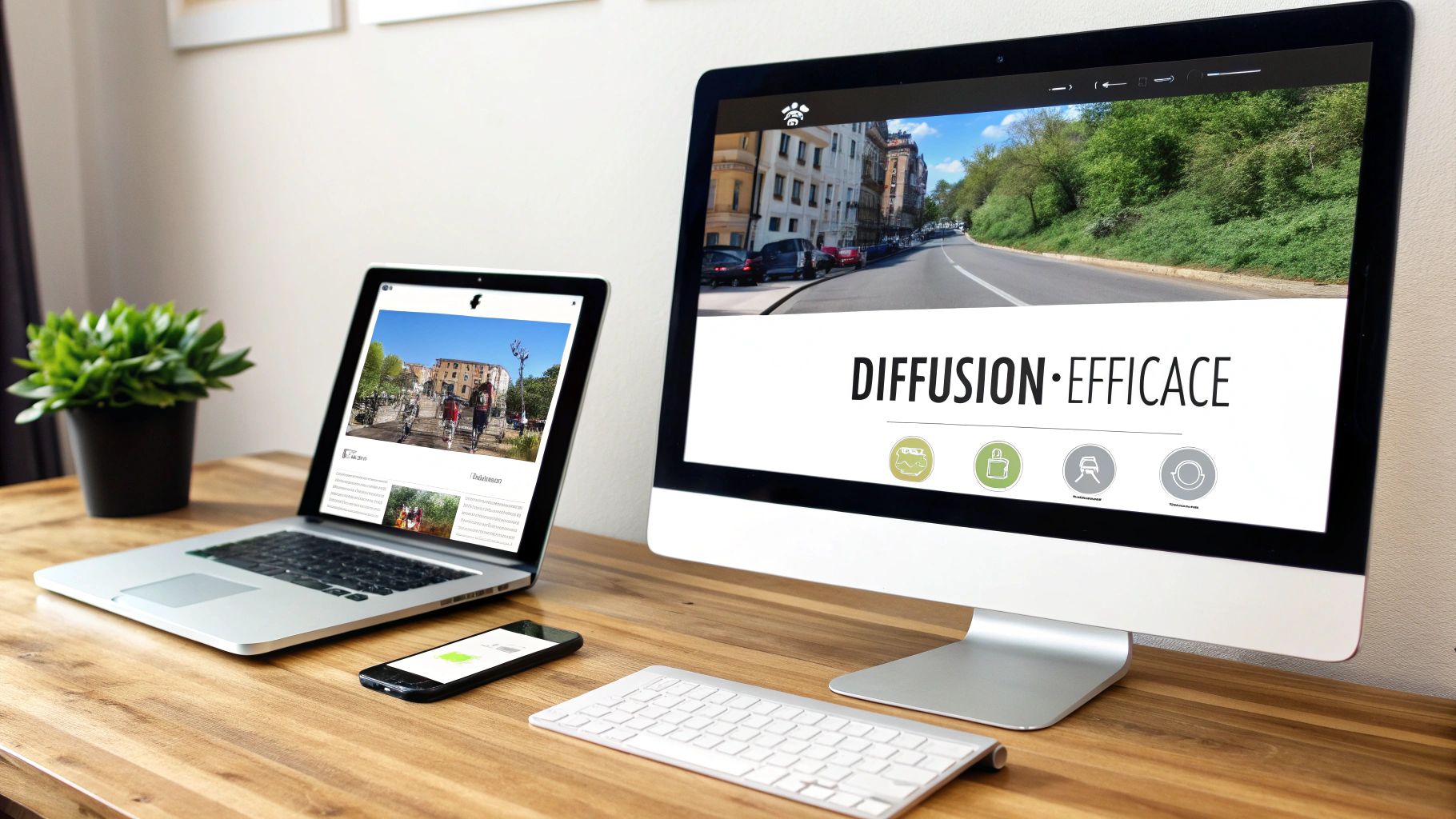 Un bureau en bois avec un ordinateur de bureau, un ordinateur portable et un smartphone affichant des sites web de visite virtuelle.