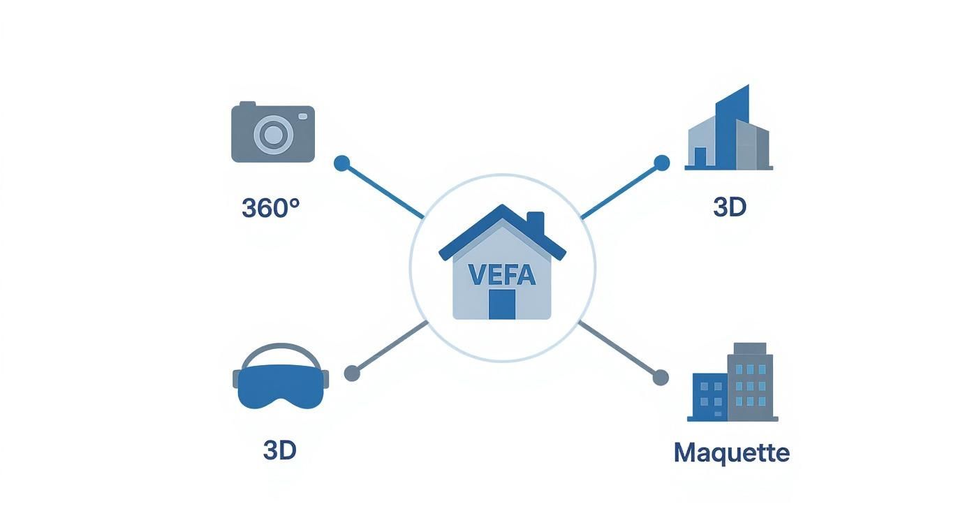 Diagramme illustrant les services VEFA avec visite virtuelle 360°, modélisation 3D et maquette numérique d'appartement