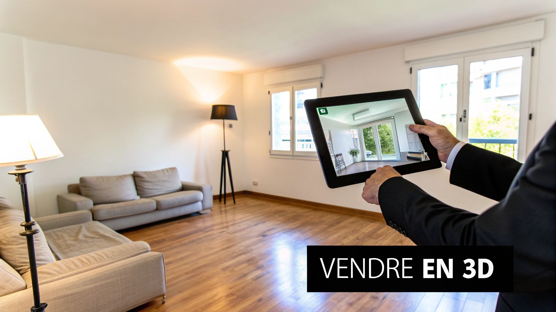 Personne tenant une tablette affichant une visualisation 3D d'un appartement vide, superposée sur une pièce réelle, avec le texte 'VENDRE EN 3D'.