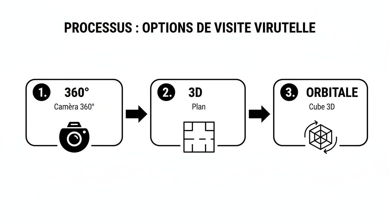 Diagramme illustrant les options de visite virtuelle : 360°, plan 3D et vue orbitale.