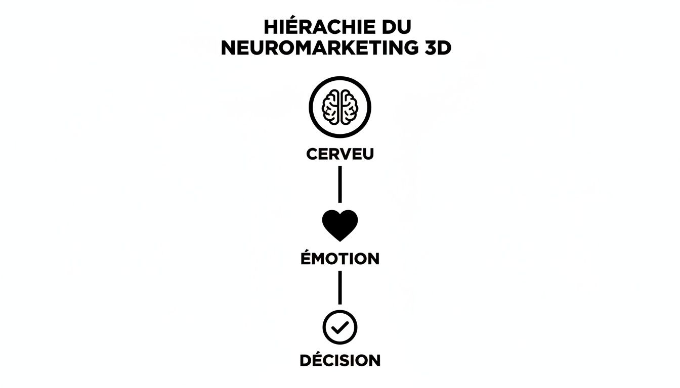 Infographie verticale illustrant la hiérarchie du neuromarketing 3D : Cerveau, Émotion, Décision, avec icônes.