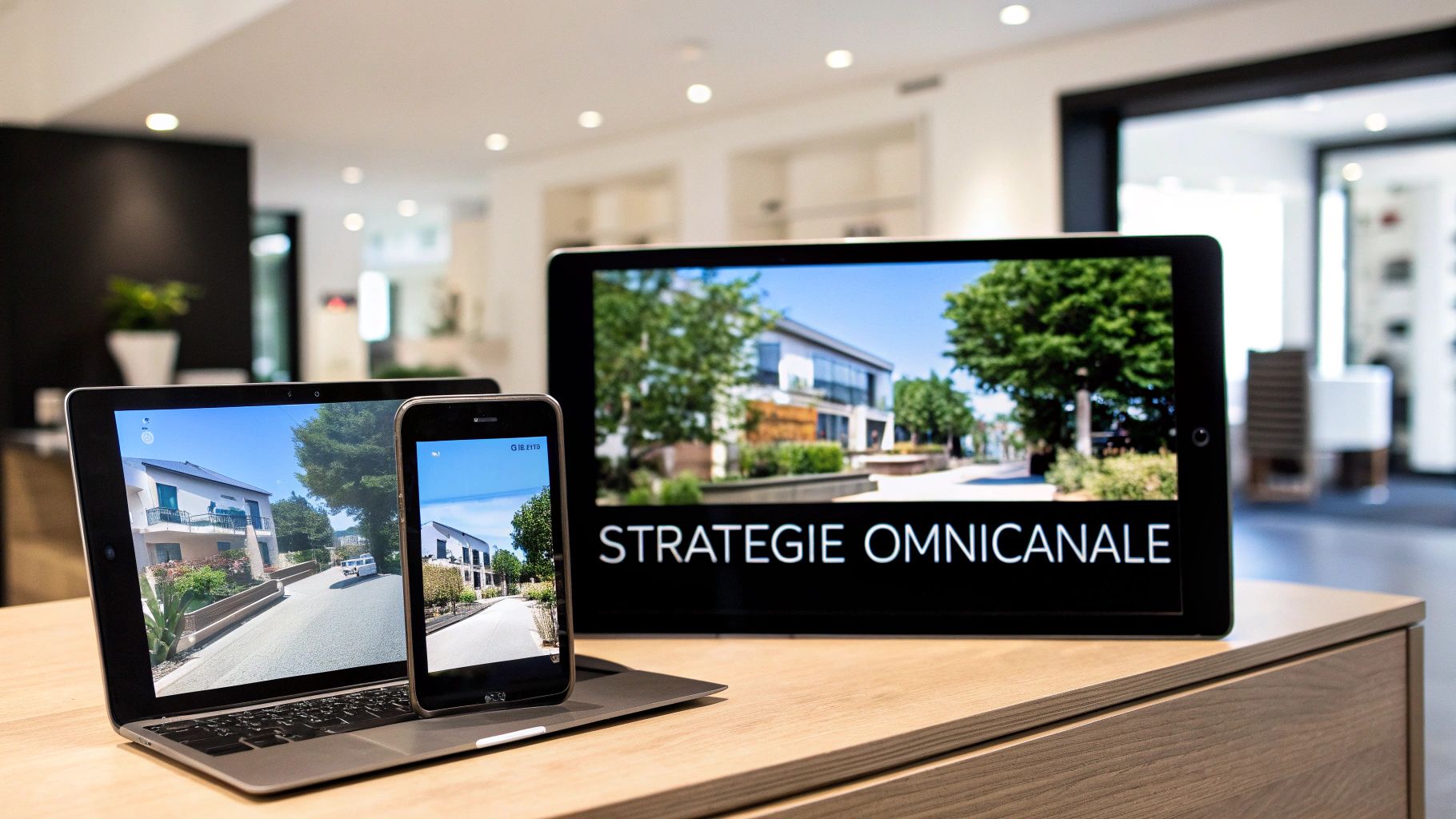 Ordinateur portable, smartphone et tablette affichant des images de bâtiments modernes et la stratégie omnicanale.