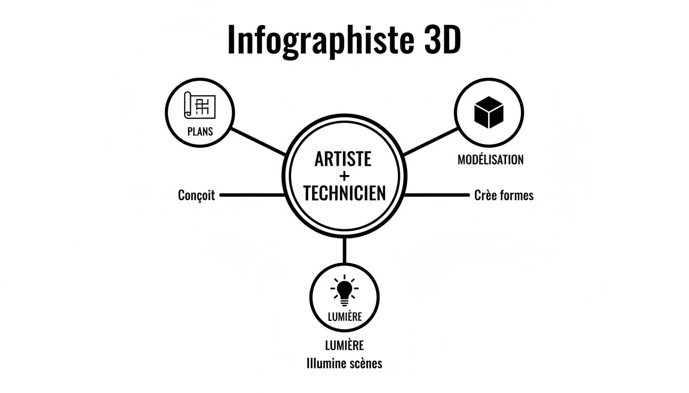 Infographie décrivant le rôle d'un infographiste 3D, combinant artiste et technicien, pour concevoir des plans, créer des formes et illuminer des scènes.