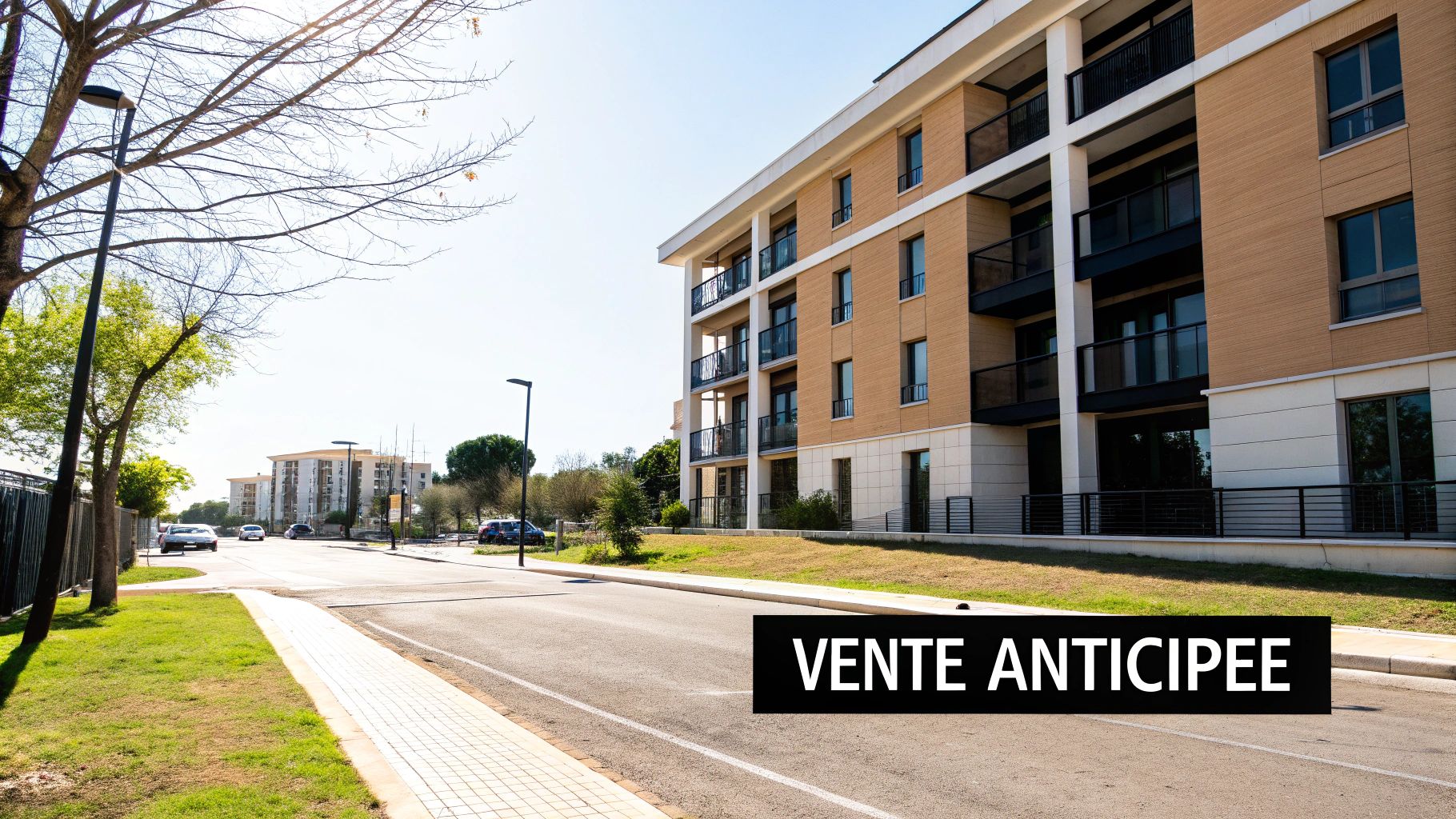 Grand immeuble résidentiel moderne avec balcons le long d'une rue ensoleillée, panneau VENTE ANTICIPEE.