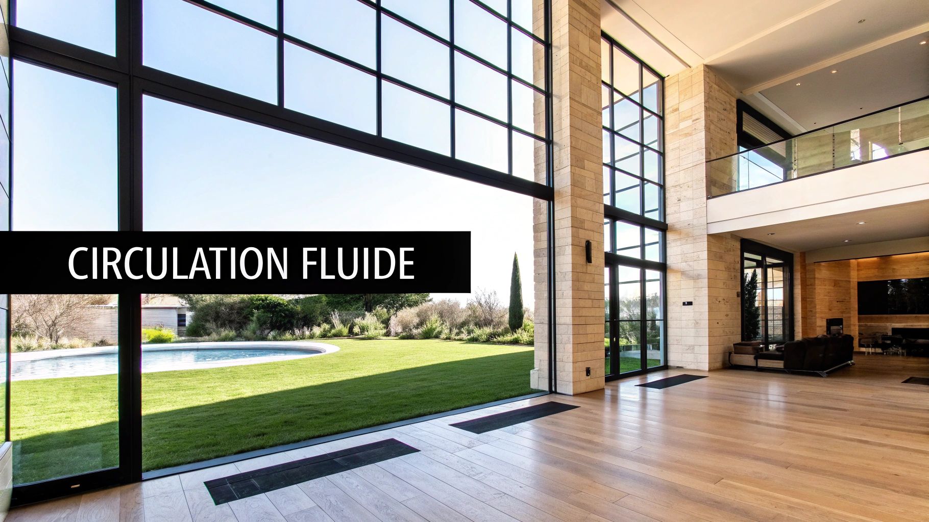 Intérieur de villa de luxe moderne avec grandes baies vitrées offrant une vue sur un jardin et piscine. Le texte "CIRCULATION FLUIDE" est visible.