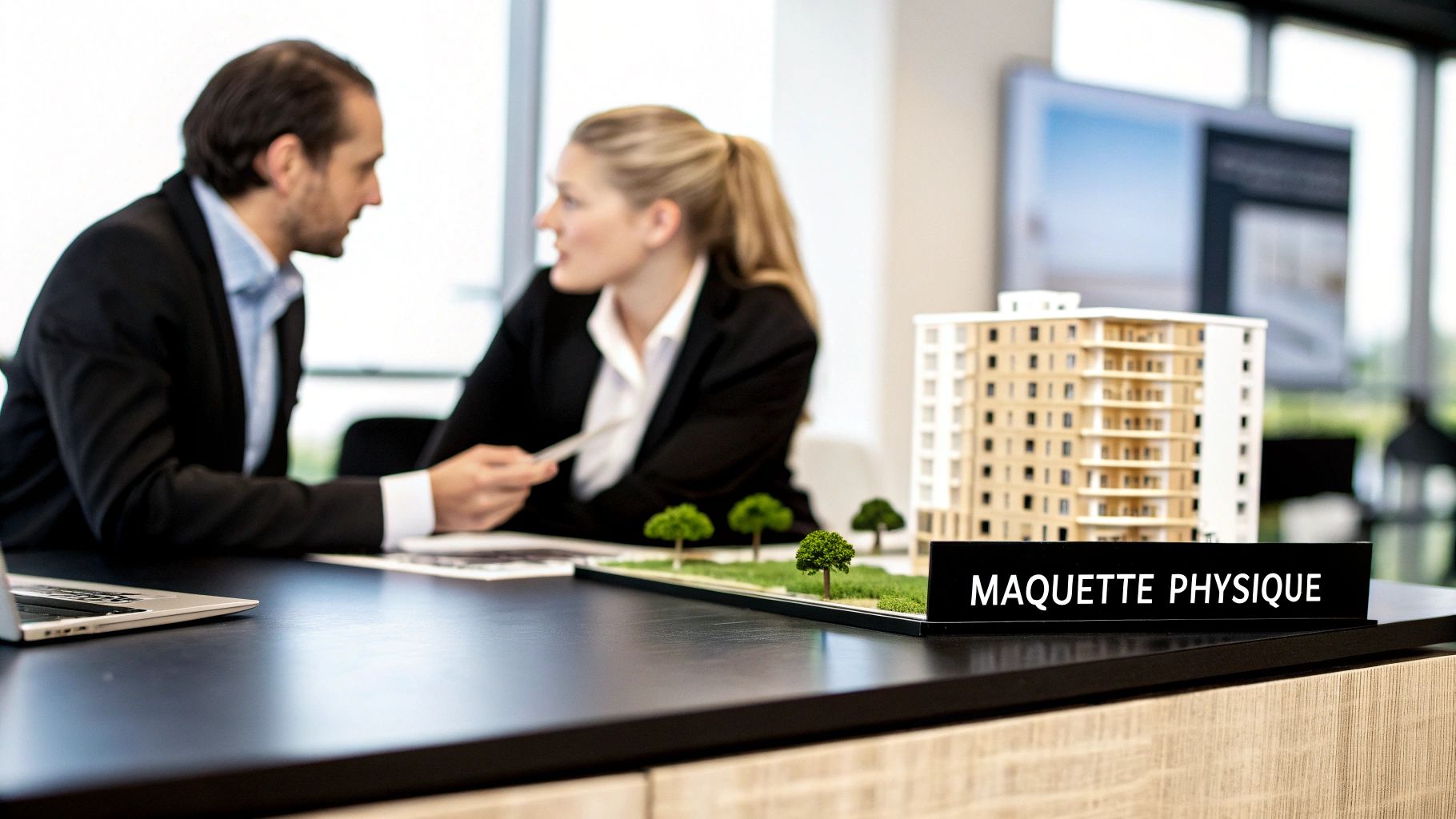 Deux personnes discutent autour d'une maquette d'architecture et de verdure, avec un panneau indiquant 'MAQUETTE PHYSIQUE'.
