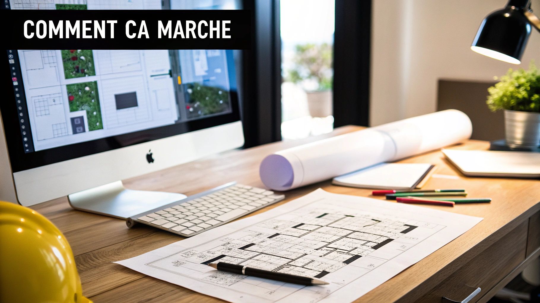 Bureau d'architecte avec écran affichant un plan 3D, casque de sécurité, et blueprint, illustrant le fonctionnement d'une visite virtuelle.