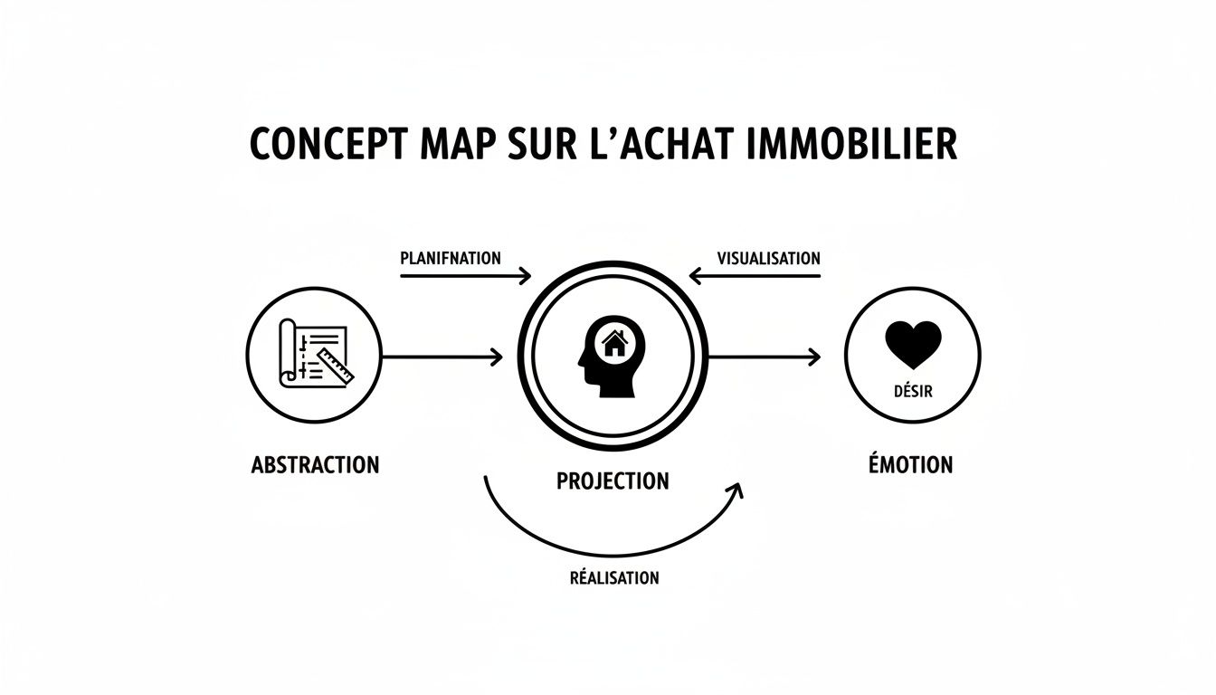 Carte conceptuelle de l'achat immobilier, illustrant les étapes d'abstraction, projection et émotion, reliées par planification, visualisation et réalisation.