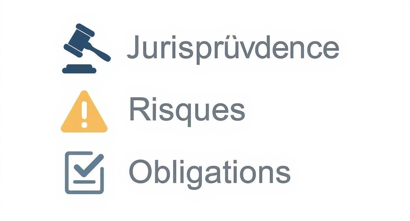Icônes représentant la jurisprudence (marteau), les risques (triangle d'avertissement) et les obligations (case cochée).
