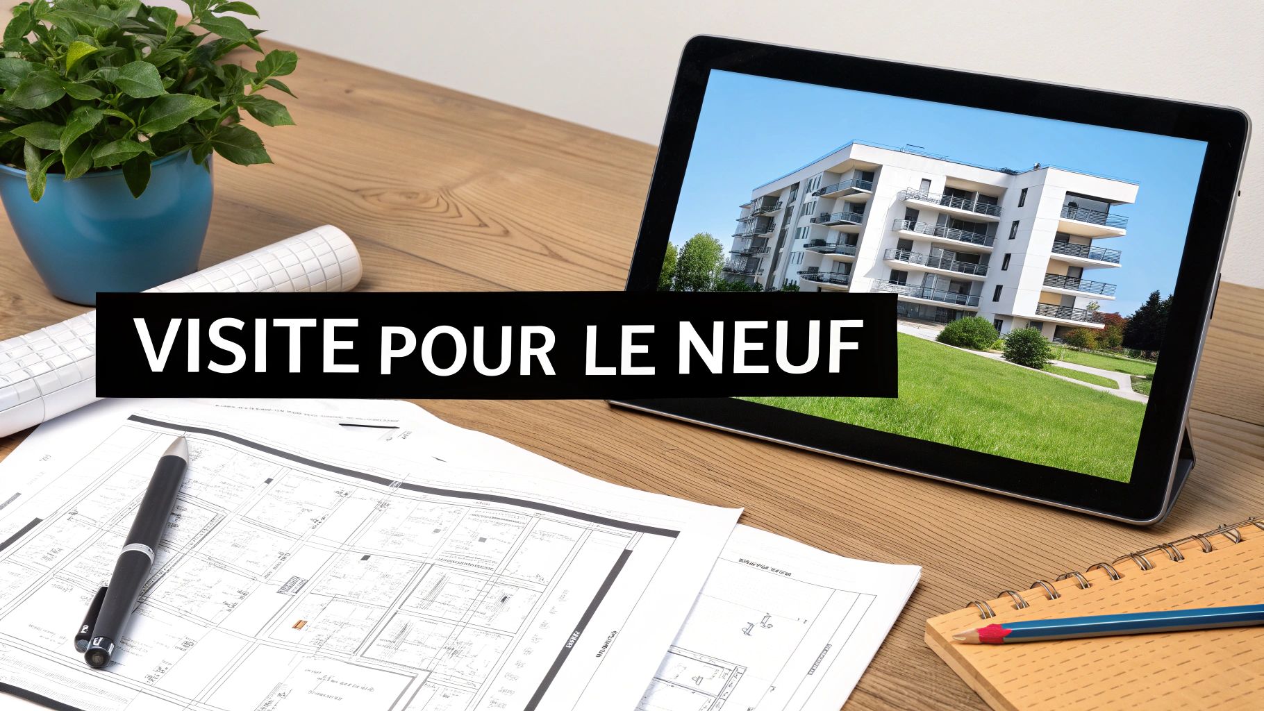 Bureau avec plans d'architecte, tablette affichant un immeuble moderne et texte « VISITE POUR LE NEUF ».